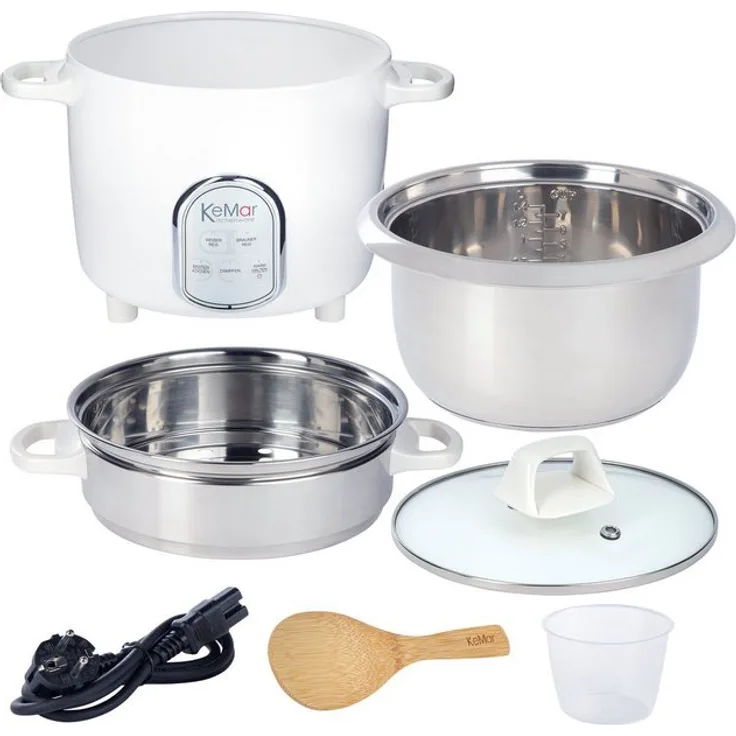 KeMar Kitchenware Reiskocher KRC-175, 500 W, Edelstahltopf, Glasdeckel, Edelstahl Dämpfeinsatz, 5 Programme
