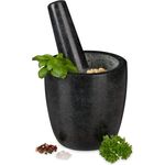 Relaxdays Granit Mörser mit Stößel, robust & langlebig, Gewürze, Kräuter, polierter Steinmörser, Ø 13 cm, 500ml, schwarz