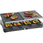 Clatronic RG 3518 Raclette-Grill mit heißem Stein zum Grillen und Überbacken, Wendegussplatte, 8 Pfännchen, 8 Holzspatel, antihaftbeschichtet