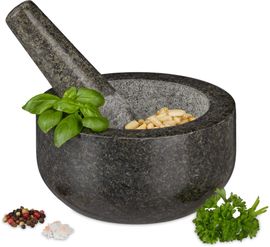 Relaxdays Granit Mörser mit Stößel, robust & langlebig, Gewürze, Kräuter, polierter Steinmörser, Ø 16 cm, 400 ml, grau