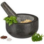 Relaxdays Granit Mörser mit Stößel, robust & langlebig, Gewürze, Kräuter, polierter Steinmörser, Ø 16 cm, 400 ml, grau