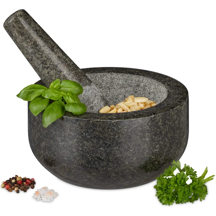 Relaxdays Granit Mörser mit Stößel, robust & langlebig, Gewürze, Kräuter, polierter Steinmörser, Ø 16 cm, 400 ml, grau – Bild 1