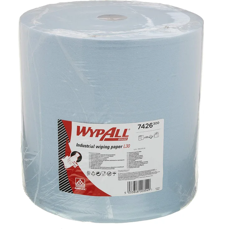 WypAll 7426 Papierwischtücher für industrielle Reinigungsaufgaben L30, Jumborolle, extrabreit, 3-lagig, groß, blau (1 Rolle x 670 Wischtücher)
