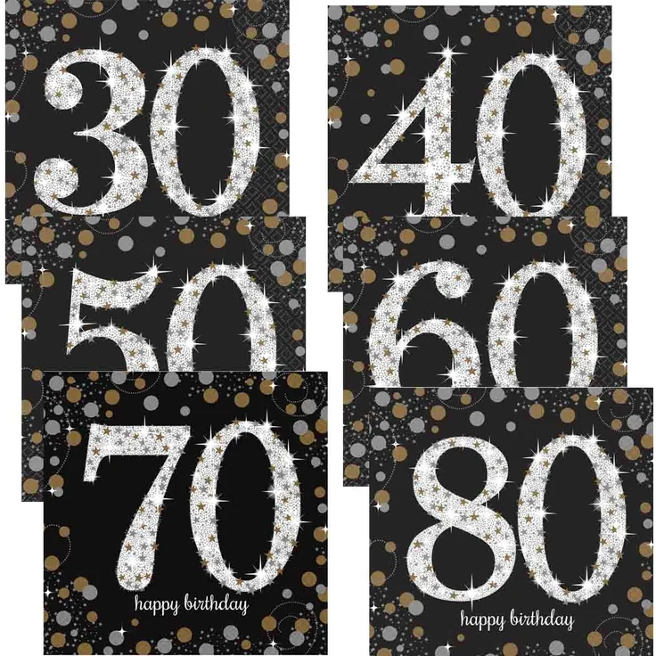 Glitzernde Servietten in Gold Schwarz für Runden Geburtstag