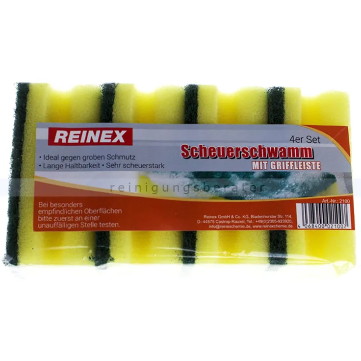 Reinex Topfkratzer Pad Schwamm gelb grün 4er Vliesschwamm praktische Griffleiste schont die Fingernägel, starkes Vlies
