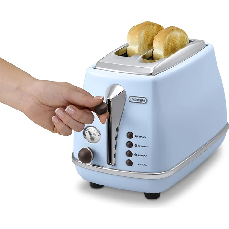 De'Longhi Toaster Icona Vintage CTOV2103.AZ - 2-Schlitz-Toaster mit Brötchenaufsatz, Edelstahl in elegantem Retro Look mit Chrom-Details, blau  – Bild 2
