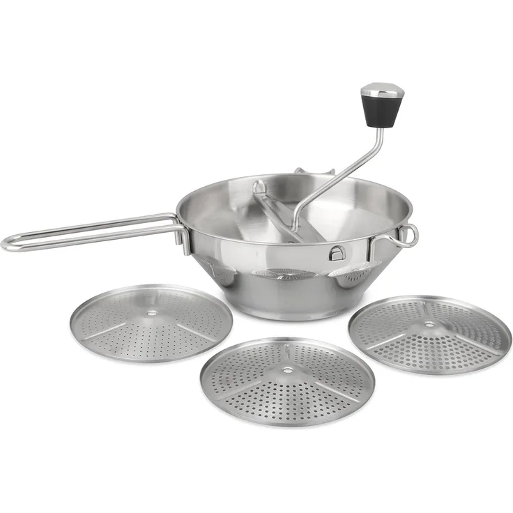 Dr. Oetker Passiergerät Edelstahl, inkl. 3 auswechselbaren Lochscheiben, zum Passieren von Obst und Gemüse, für Konfitüre, Pürees, Suppen, Saucen und Babynahrung, (Farbe: silber), Menge: 1 Set (4tlg.)