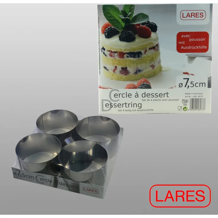 Lares Dessert-Ring-Tortenring mit Ausdrückhilfe - 4er Set - Durchmesser: ca. 7,5cm, Höhe: ca. 4,5cm - aus Edelstahl - Made in Germany