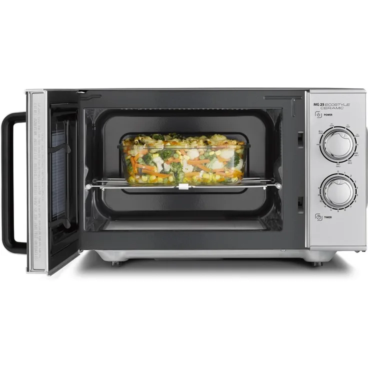 Caso MG 25 Ecostyle Ceramic 2in1 Mikrowelle mit Grill, Standgerät, Keramikboden, Grill-Rost, 20 Liter Garraum, 1000 Watt, silber
