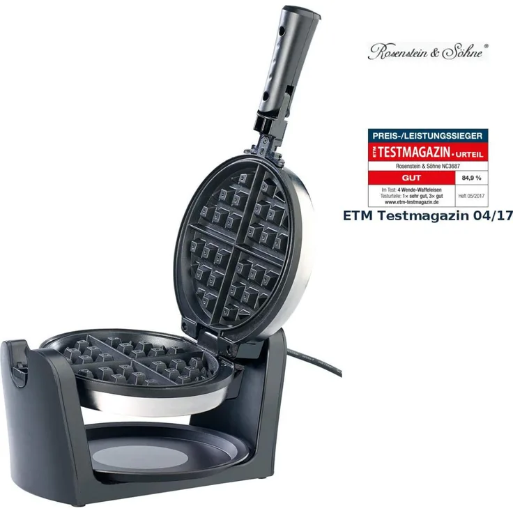 Rosenstein & Söhne Waffeleisen, 180° drehbares Waffeleisen für belgische Waffeln, 1000W, Antihaftbeschichtung, Thermostat