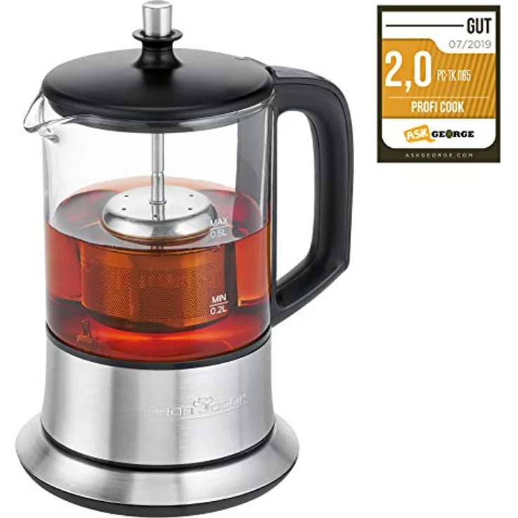 Profi Cook PC-TK 1165 1165-2 in 1-Tee-und Wasserkocher, Permanent Edelstahl-Teefilter (heb-und senkbar), 0,5 L Füllmenge, Warmhaltefunktion, Glas--Edelstahlgehäuse, Schwarz-Silber – Bild 1