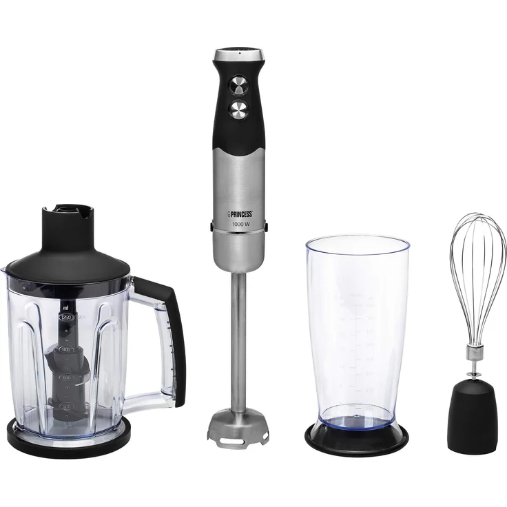 Princess 221221 XL Stabmixer, 1000 Watt, inkl. Schneebesen, Mixbecher, Zerkleinerer-Aufsatz, silber, schwarz – Bild 1