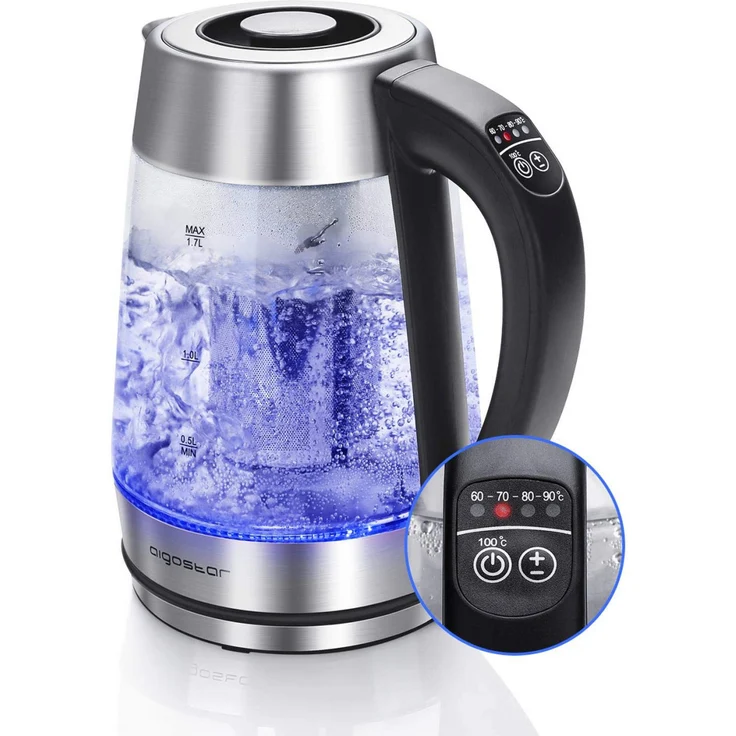 Aigostar Cris Glas-Wasserkocher, 2200W, 1,7L, LED Beleuchtung, Temperatureinstellung 60°-100°C, Warmhaltefunktion – Bild 1