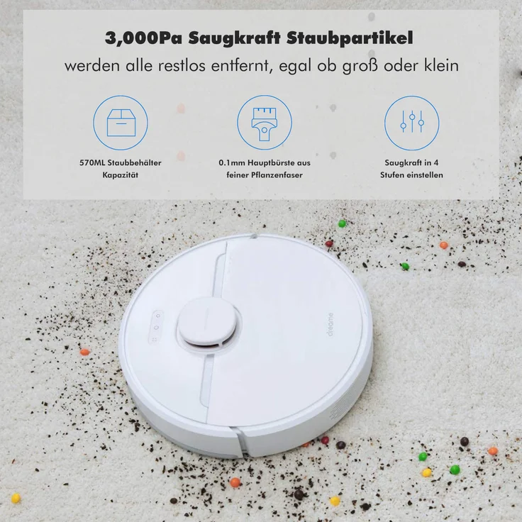 Dreame D9 Saugroboter mit Wischfunktion, 150 min Akkubetrieb, 3.000 Pa Saugleistung, App- und Sprachsteuerung, weiß – Bild 10
