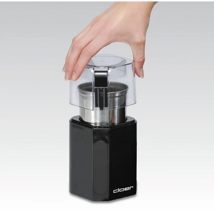 Cloer 7580 Elektrische Kaffeemühle, 200 W für 70 g Kaffeebohnen, abnehmbarer Edelstahlbehälter, schwarz, Kunststoff – Bild 3
