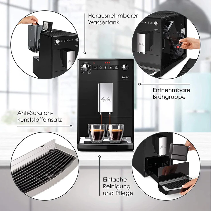 Melitta Purista F 230-101 Kaffeevollautomat mit flüsterleisem integriertem Kegelmahlwerk (Direktwahltaste, 2-Tassen Funktion, 20 cm Breite, entnehmbare Brühgruppe) silber-schwarz – Bild 4