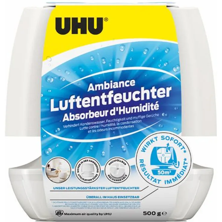 UHU Luftentfeuchter Ambiance, Bekämpft Feuchtigkeit und Schimmel in Wohnräumen von bis zu 50 m³, 500 g, weiß