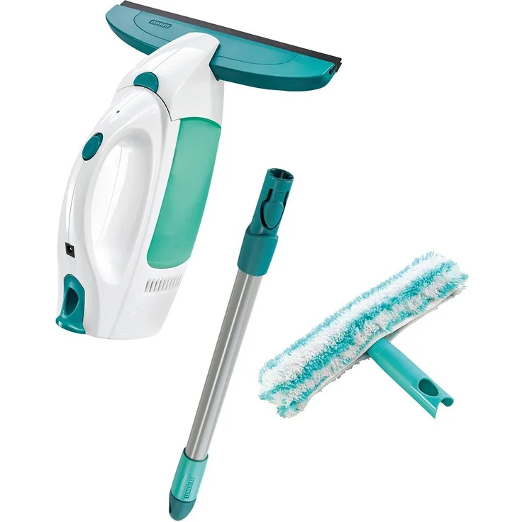 Leifheit Fenstersauger Set Dry and Clean mit Stiel und Einwascher 51003 für 360° streifenfreie Reinigung, Fensterreiniger verwendbar bis zu 35 min, Fensterputzer mit Stand-by-Automatik und Click-System