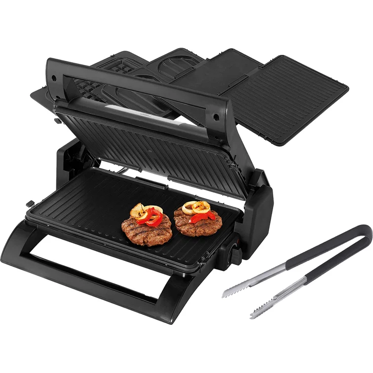 Princess Kontaktgrill, Waffeleisen Sandwichmaker 4in1 Wechselplatten Grillzange, 1500W, 31x21cm, schwarz – Bild 1