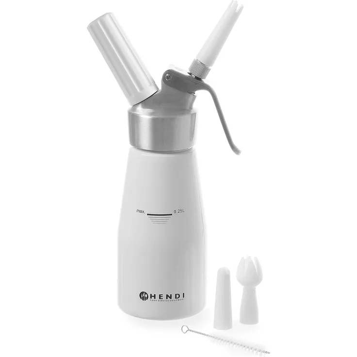 Hendi Sahnespender, Inklusive Set aus 3 Polypropylen Spritztüllen und Reinigungsbürste, Sahne-Mousses-Desserts-kalten Schäumen, 0,25L, ø80x(H)200mm, Aluminium, Weiß, 588031