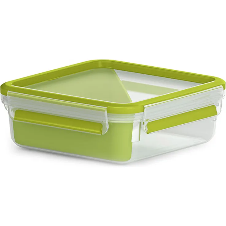 Emsa Lunch- und Snackbox mit praktischem Einsatz und Deckel, Sandwichbox, Volumen: 0,85 Liter, Transparent-Grün, Clip & Go, 518104