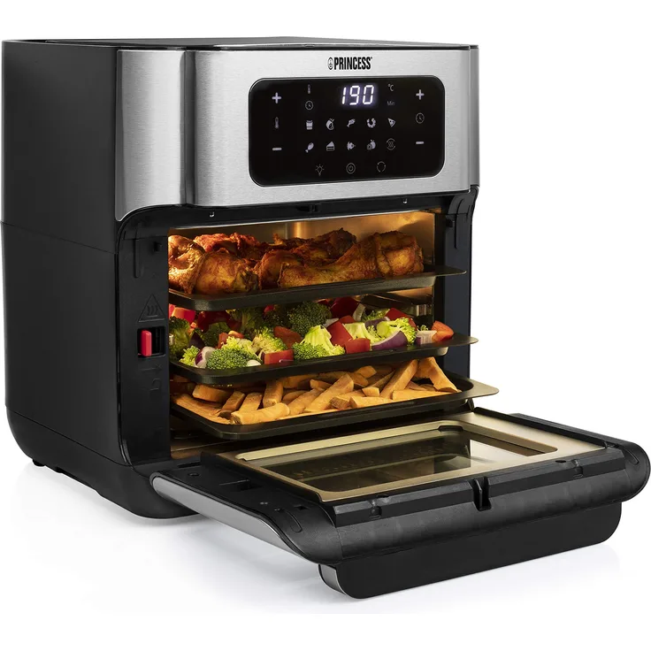 Princess 182065 Heißluftfritteuse-Ofen, ohne Öl, 10L Fassungsvermögen, 1500W, 40-200°, 10 Vorprogramme, inkl. Rotierkorb, 3 Backbleche, Krümmelblech, Griff