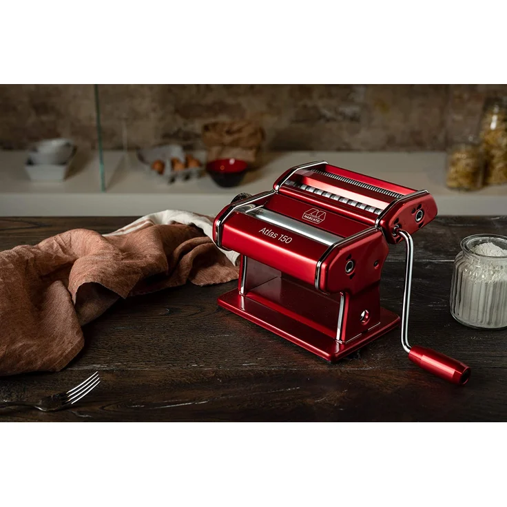 Marcato Nudelmaschine Atlas 150, geeignet für Lasagne, Tagliatelle, Bandnudeln und Spaghetti, Aluminium, rot – Bild 2