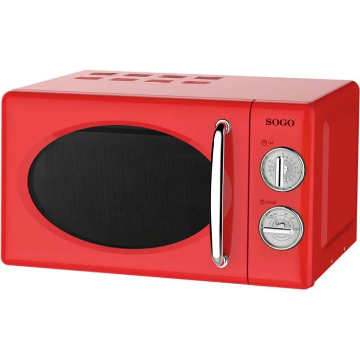 SOGO HOR-SS-890-R SS-890-R-Mikrowelle im Retro-Stil, Standgerät, 5 Leistungsstufen, Watts-Farbe Rot, 700 Watt, 20 Liter Garraum, Aluminium, Mehrfarbig