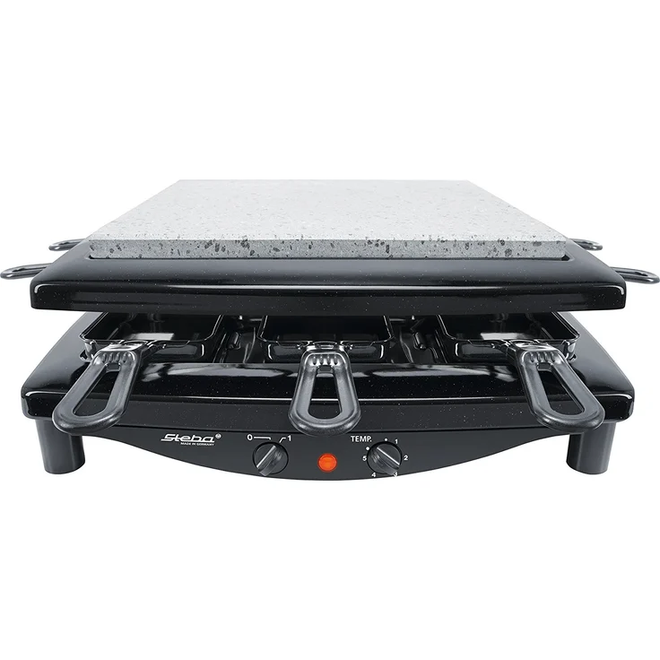 Steba RC 3 Plus Gourmet Raclette, emaillierte Stahlguss-Grillplatte geriffelt/glatt, Natursteingrillplattefür 8 Personen, 1450 Watt, schwarz – Bild 4