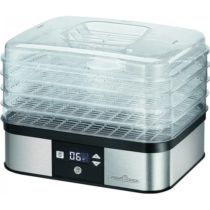 ProfiCook PC-DR 1116 Dörrautomat, 7-stufige elektronische Temperatureinstellung, Umluftgebläse, Umluftfunktion, Timer, LCD-Display, variabler Einsatz, Edelstahlgehäuse, 350 Watt