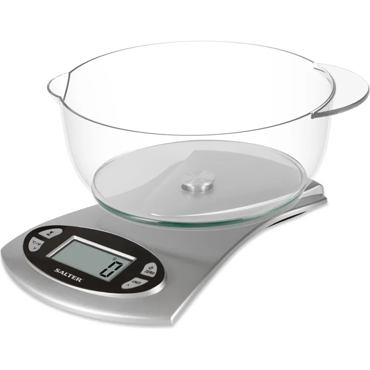SALTER digitale Küchenwaage, elektrische Waage, Spülmaschinenfeste Schüssel 1,8l, Uhr, Stoppuhr, Temperatur Sensor, Leicht lesbares LCD Display, imperial und metrisch