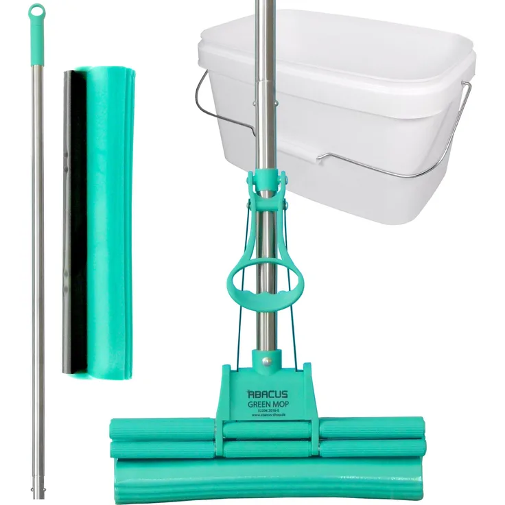 Abacus GREEN MOP Set 30-02 Green Mop 30 cm + Stiel + Ersatzschwammm + 10 Liter Eimer in weiß Doppelwringer Wischmop