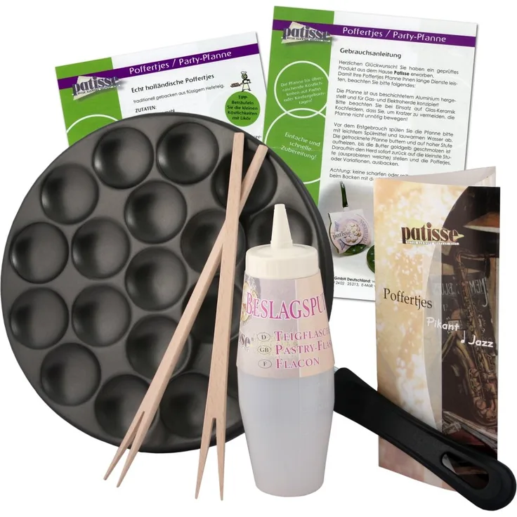 patisse Poffertjes Pfanne-Set mit Rezepten, Teigflasche und Holzstäbchen, Aluminium, Schwarz, 25 cm, 6-Einheiten