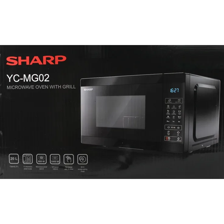 Sharp YC-MG02E-B Mikrowelle mit Grill, Standgerät, 20 Liter Garraum, 800 Watt, schwarz
