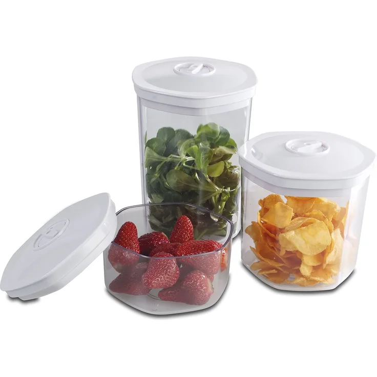 Solis Vakuumierbehälter-Set, 3 Stück, 700- 1400- 2000 ml, Sechseckig, Vakuumieren- Marinieren