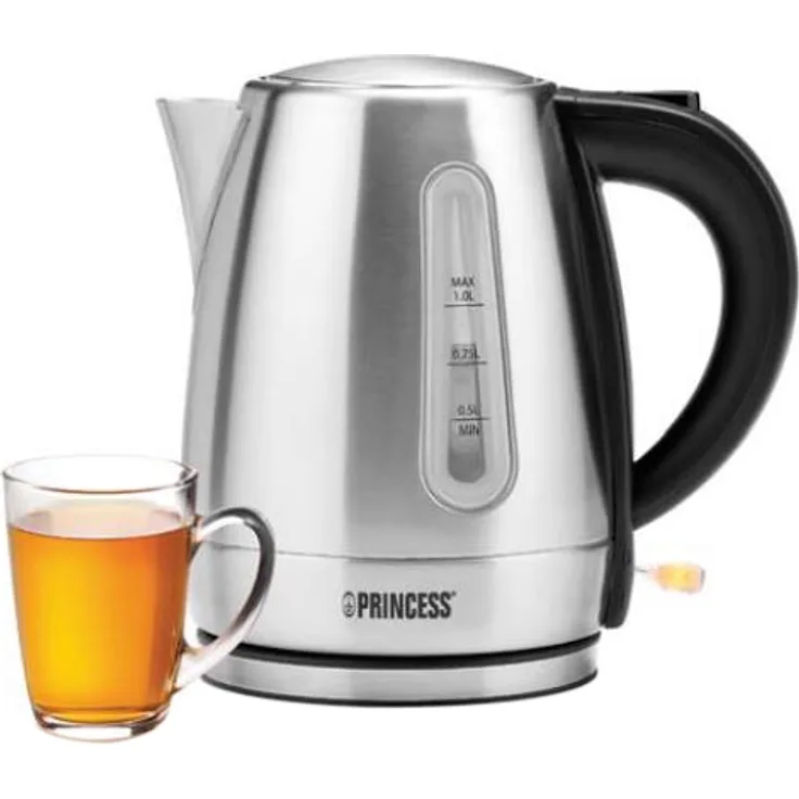 Princess Edelstahl Wasserkocher mit 1L Fassungsvermögen - 360° rotierbar mit Wasserstandsanzeige, 236023