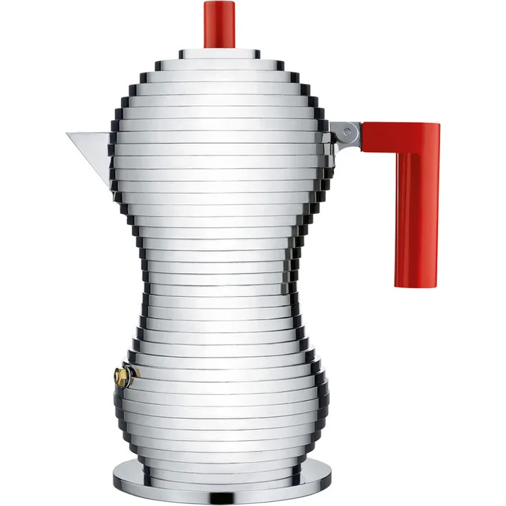 Alessi MDL02-3RFM Pulcina Espressomaschine - Gußaluminium. Griff und Knopf - PA, rot. Magnetboden - 3 Tassen