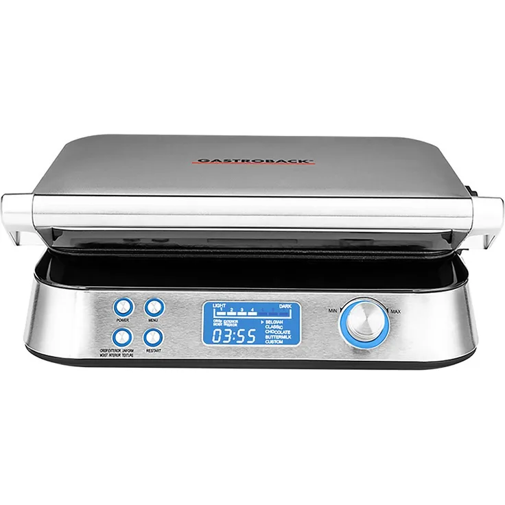 Gastroback 42424 Waffeleisen Advanced, 5 Verschiedene Programme, 7 Bräunungsstufen, Steuerung über LCD Display, 1.600 Wattd Control, Edelstahl, silber