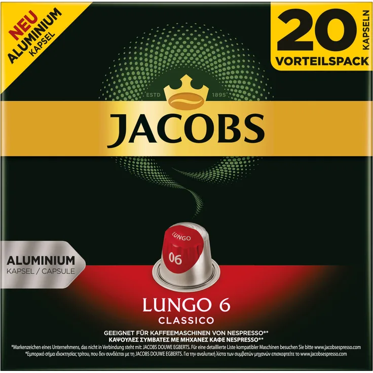 Jacobs Lungo 6 Classico, Kaffeekapseln, Nespresso Kompatibel, Kaffee, 20 Kapseln, á 5.2 g