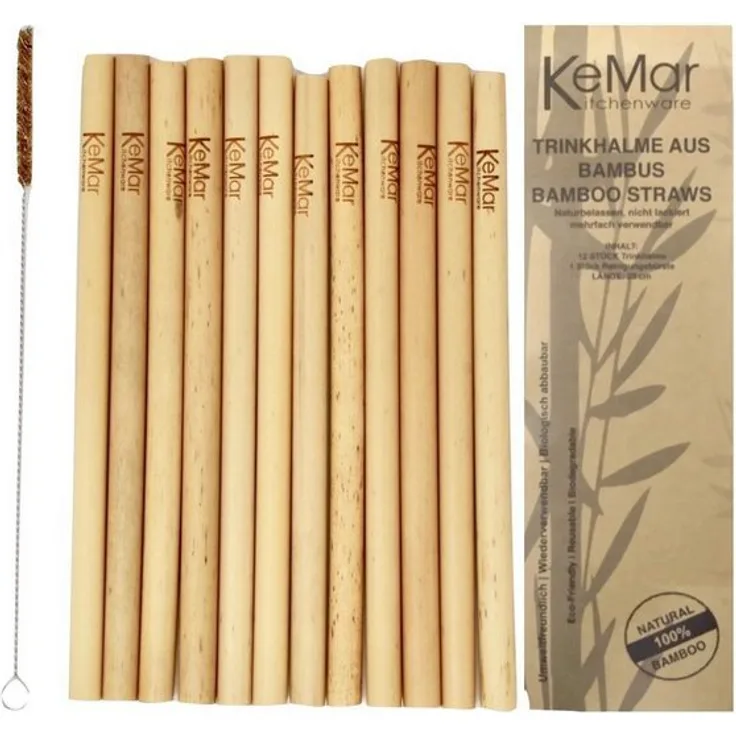 KeMar Kitchenware Trinkhalme ''BambooStraws20cm'', (Set, 12-tlg., 12 Trinkhalme, 1 Bürste), TRINKHALME, BAMBUS, NICHT LACKIERT, NATURBELASSEN, 12 STÜCK, 20 CM