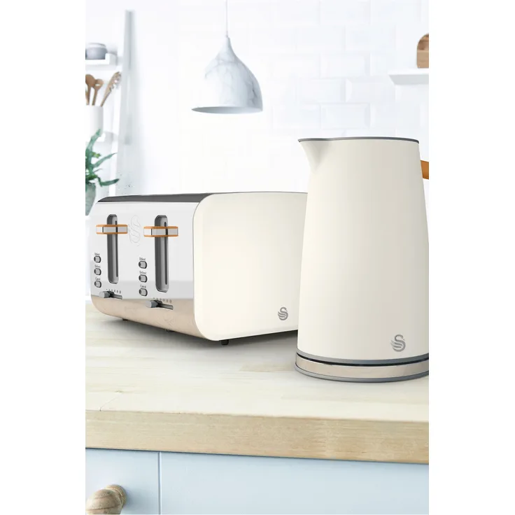 Swan Nordic Breitschlitz-Toaster mit 4 Scheiben, 3 Funktionen, 6 Bräunungsstufen, modernes Design, Edelstahl, Griff in Holzoptik