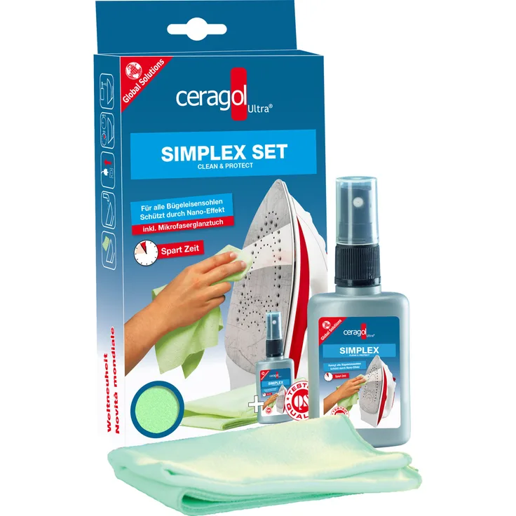 ceragol ultra Simplex Set - Bügeleisen-Reiniger entfernt Schmutz & Kalk, 50ml Spray + Tuch