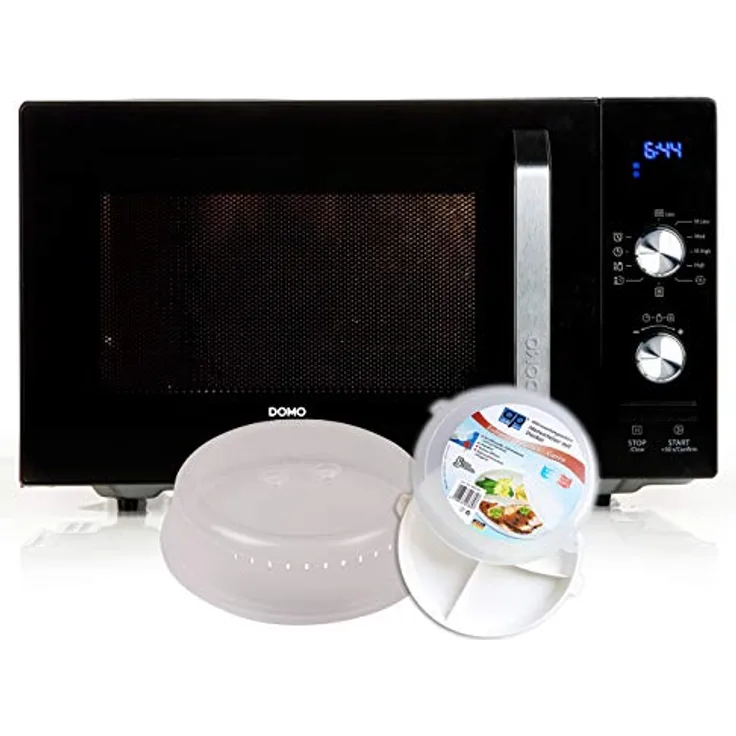 DOMO DOSET2924 Mikrowelle, Standgerät, 800W, 23 L Garraum, schwarz PLUS 3-tlg, Starter-Set Mikrowellengeschirr