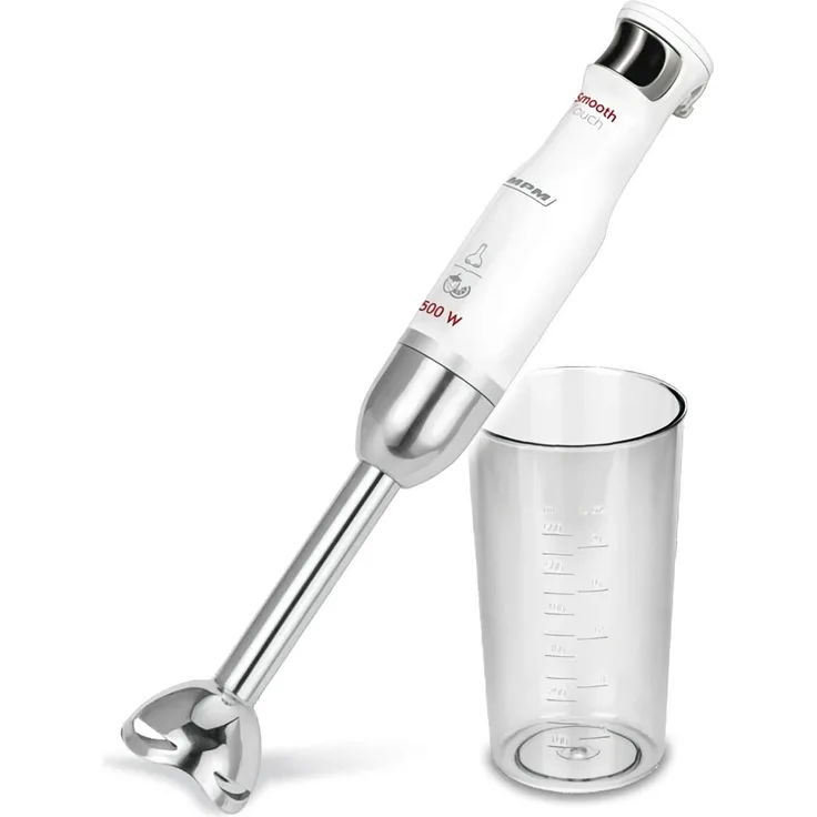MPM MBL-27 Handmixer, abnehmbar, Arm aus Edelstahl, Soft-Touch-Funktion, Becher 600 ml, 500 W, Weiß