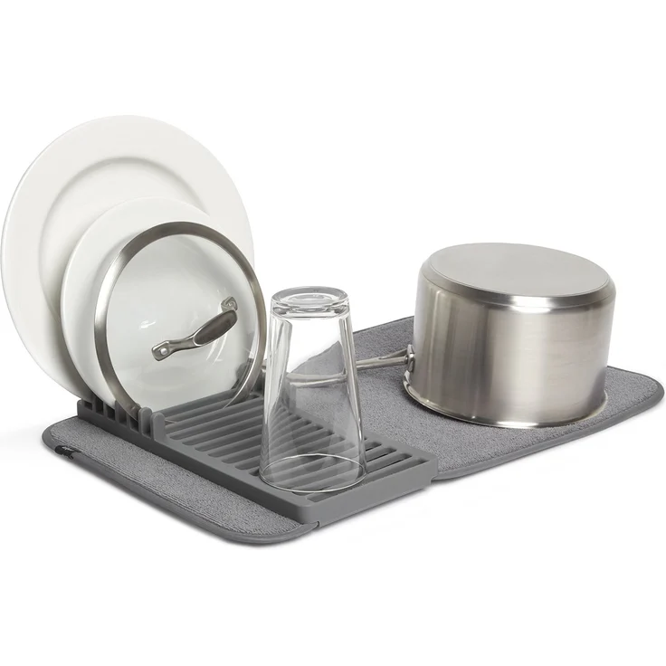 Umbra Udry Mini Geschirr Abtropfgestell und Mikrofaser Abtropfmatte – Faltbar, Platzsparend und Leicht Verstaubar, 50 x 33 cm, Dunkelgrau – Bild 1