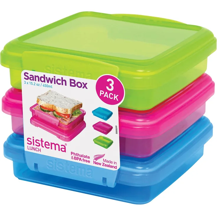 Sistema 41647 Lunch Sandwich Box mit kontrastierendem Clips, 450 ml, 3 Stück , farblich sortiert