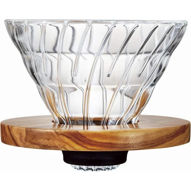 Hario Kaffeefilter Dripper V60 02 klar Glas mit Olivenholz