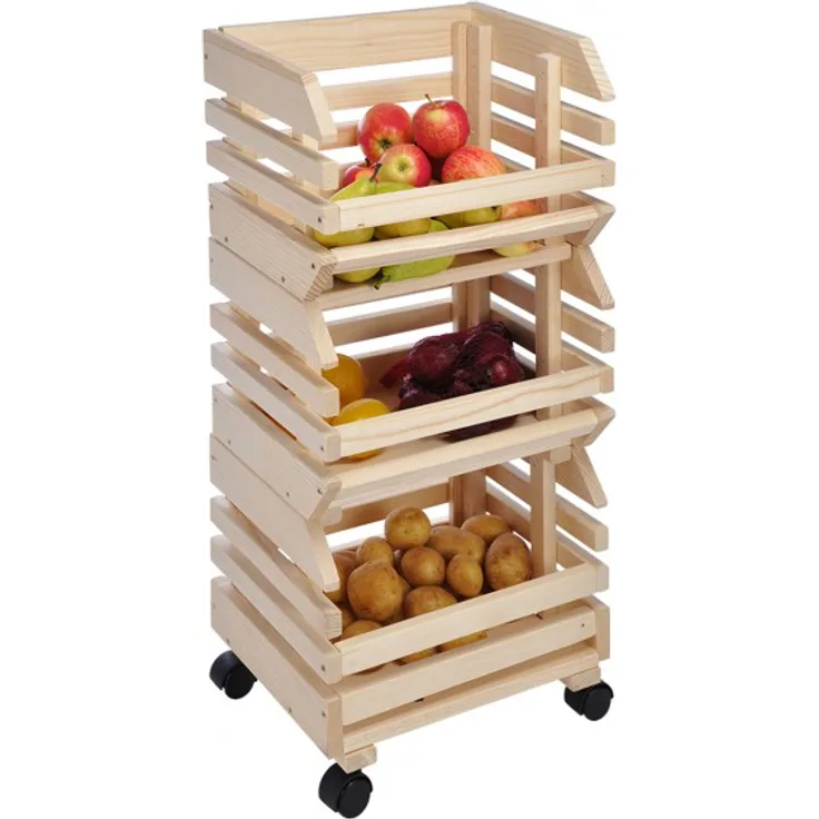 3 tlg. Obsthorde aus Holz Küchenregal Kartoffelhorde Obst Kiste Kasten rollbar