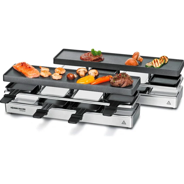 Rommelsbacher RC 1600 Raclette-Grill fun for 4+4 Tischgrill, für 8 Personen, erweiterbar, Parkdeck, Alu-Druckguss-Grillplatte mit Xylan Plus Antihaftbeschichtung, 1590 W silber – Bild 1