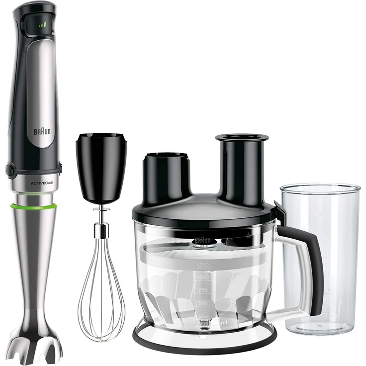 Braun Multiquick 7 MQ 7075X Stabmixer, 1000 W, mit ActiveBlade-Technologie, Pürierstab, Schneebesen & Küchenmaschine, inkl. 8-teiligem Zubehör Set, schwarz-edelstahl – Bild 1
